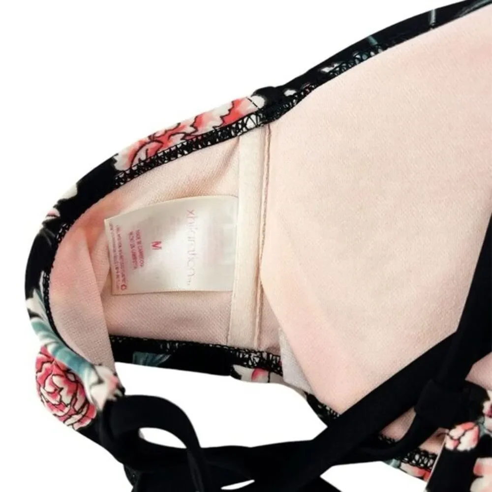 Xhilaration Black Pink Carnation Flower Bandeau Racerback Bikini Top Size Medium